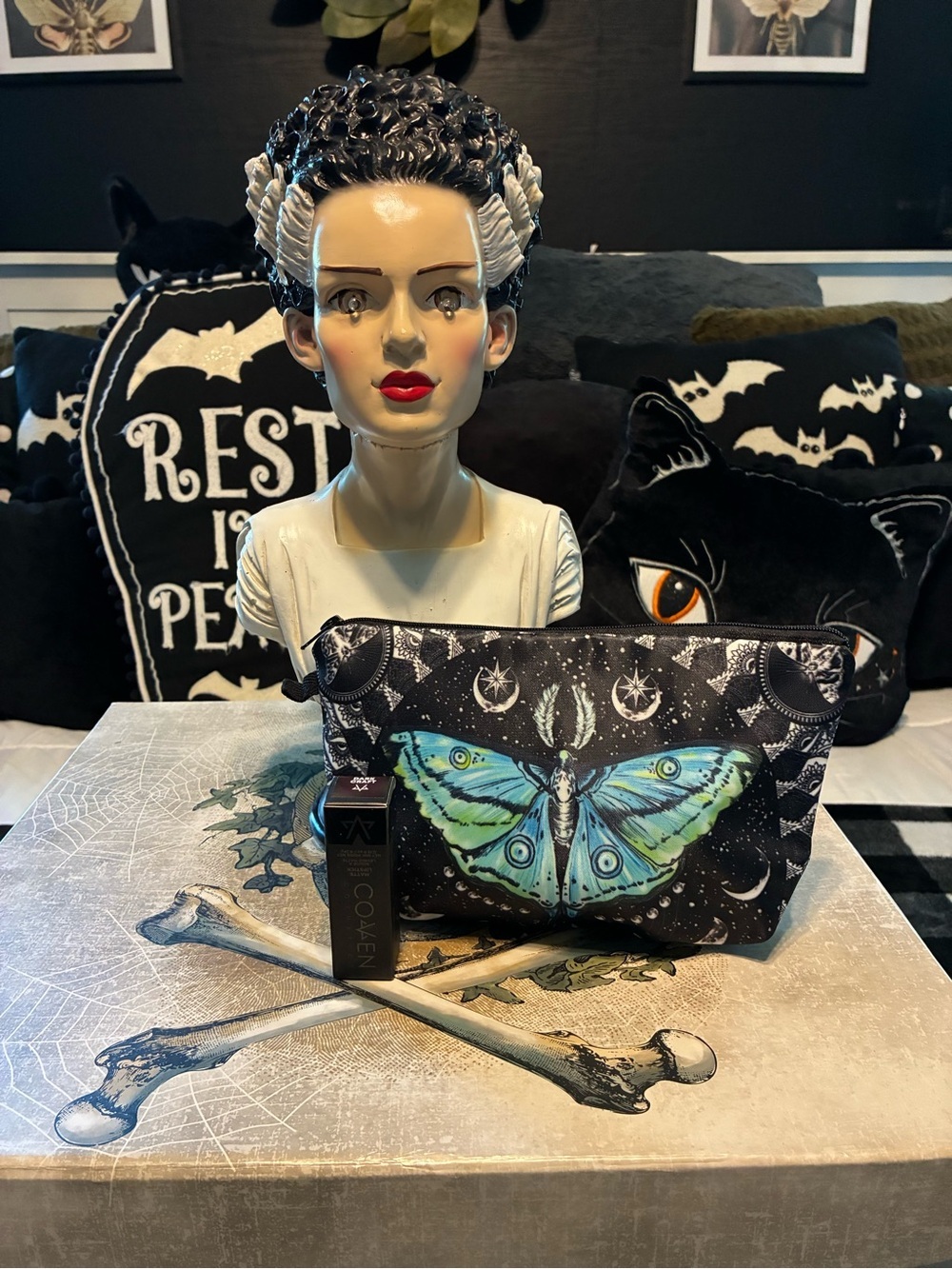 Gothic Death Moth Print Celestial Pouch in Black with Teal & Lime Accent New